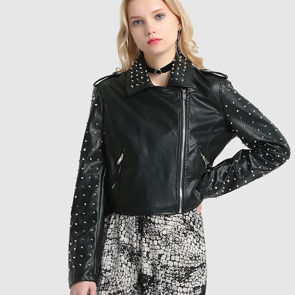 

gothic european station short small leather 2020 spring new leather women's rivet pu motorcycle jacket dropshipping, Black