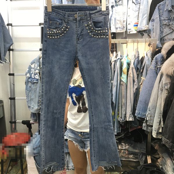 

ozhouzhan карманных шарики высокой талия для похудения boot-cut джинсов женской 2019 нового стиль корейского стиля универсального интернета, Blue