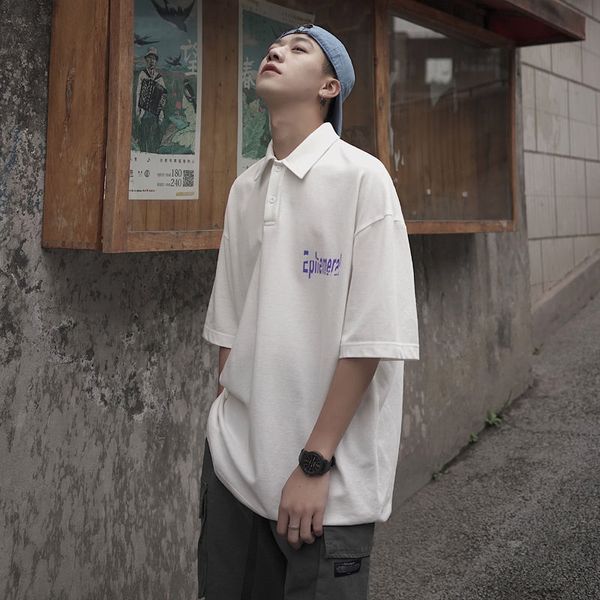 

men's poio shirt 2020 spring and summer new solid color retro alphabet printing short sleeve young fashion trend men's clothing, White;black