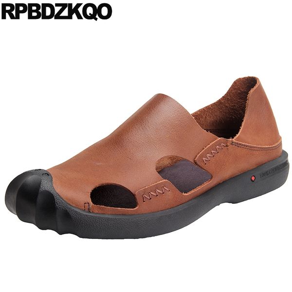 

slip on brown closed toe casual outdoor men sandals leather summer water fashion slides shoes breathable black slippers 2019