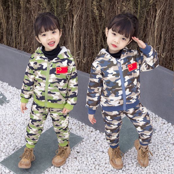 

girl's suit autumn and winter 2019 new style korean-style children brushed and thick western style online celebrity camouflage t, Blue;gray