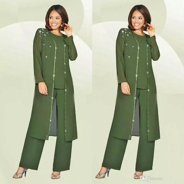 Green Plus Size Mutter der Brauthose Anzüge mit langen Jacke Mutters Bräutigam Outfit Perlen Hochzeit Gastkleider