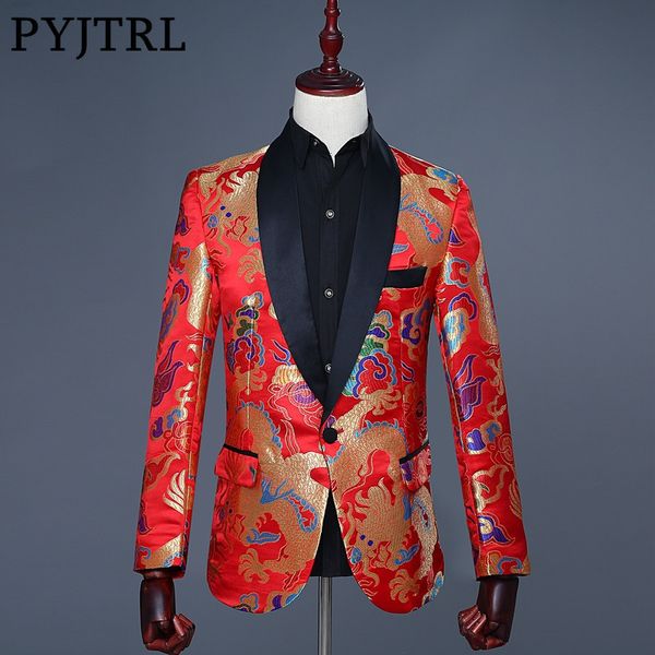

pyjtrl 2018 mens chinese style red jacquard embroidery dragon pattern blazer masculino slim fit design wedding groom suit jacket, White;black