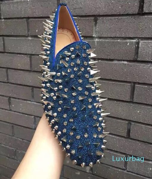 

2019 brand gentleman red bottom dandelion spikes strass men's loafers shoes,mix studs business party dress oxfords with box, Black