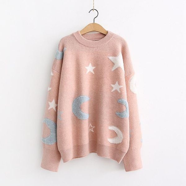 

women long sleeve star print knitted sweaters winter warm round neck sweater loose sweaters pullover, White;black