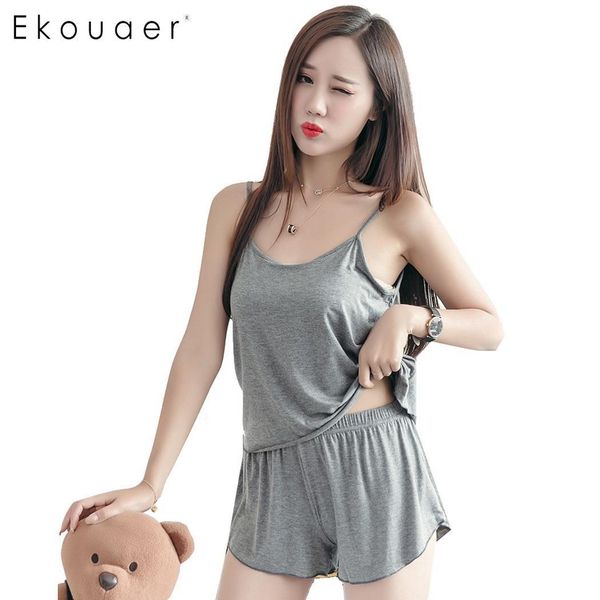

ekouaer women lingerie pajamas summer cotton sleepwear solid spaghetti strap cami shorts loose pajamas set home suit, Black;red