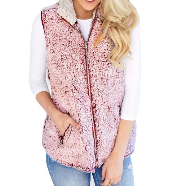 

2019 spring faux fur solid vest women fashion casual sherpa soft zipper keep warm jacket outwear coat sleeveless clothing, Black;white