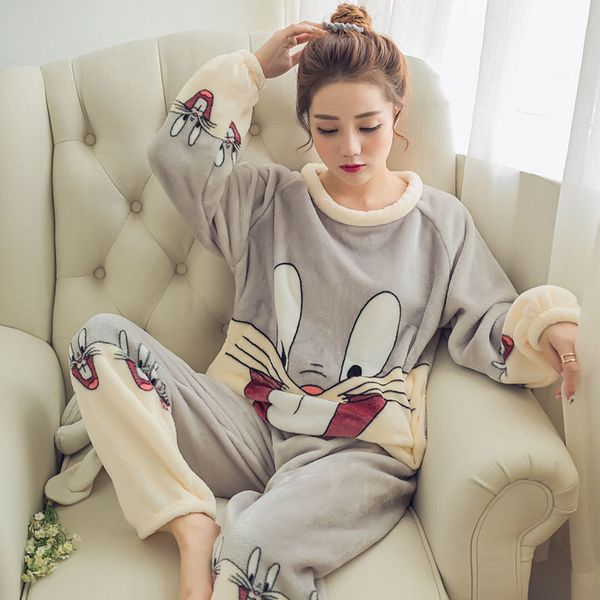 

honenna 2018 women thick pyjamas autumn and winter coral velvet sleepwear two piece nightwear long sleeve cartoon animal pajamas, Blue;gray