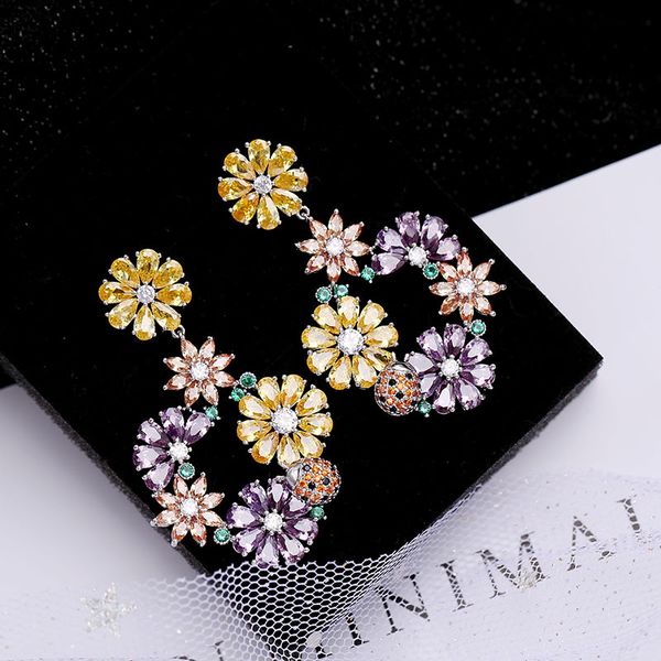 Moda-multicolor cristal flores joaninha brincos para mulheres 2019 brincos de designer cz pedra prata marca jóias de jóias