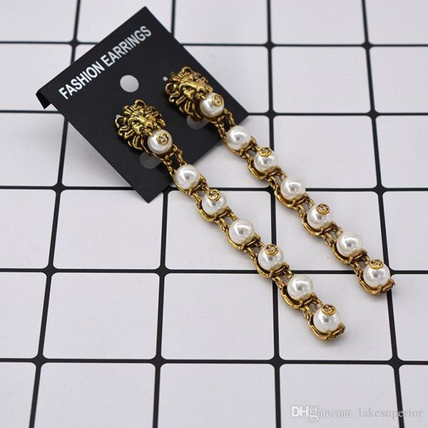 

горячая дизайнерский бренд head lion длинные серьги стержня женщины pearl vintage серьги известная марка ювелирных подарков для любви высоко, Golden;silver