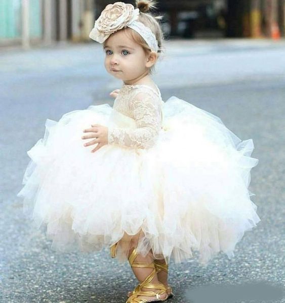 

vintage flower girls' dresses ivory baby infant toddler baptism clothes with long sleeves lace tutu ball gowns birthday party dress, White;red