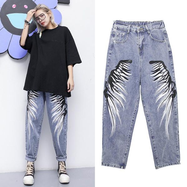 

women's feather print high waist harem jeans spring and autumn elastic waist loose casual jeans light color, Blue