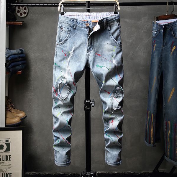 

2020 new men's light blue artificial brush paint men's feet tight elastic nine-point pants fashion tide pants size 28-38