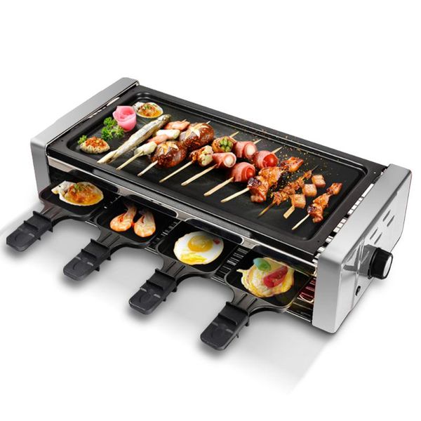 

electric raclette grill tablebbq,smokeless grill,with non-stick grilling plate and bbq net,4 paddles and drip oil pan 1500w