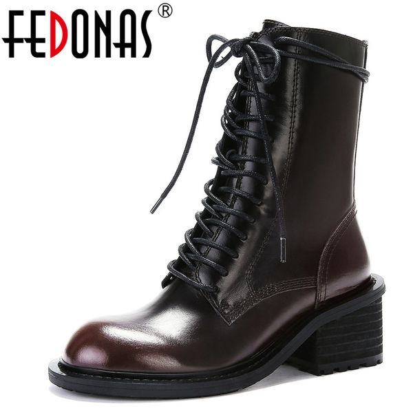 

fedonas punk women vintage genuine leather ankle boots high heels motorcycle boots autumn winter warm short, Black