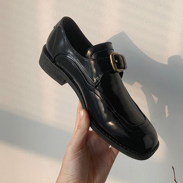 

flat shoes women's loafers buckle decoration retro square head fashion loafers women's casual shoes zapatos mujer, Black