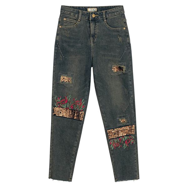 

spring fall casual vintage womens high waisted stretch sequined tassel ripped hole denim pants , women embroidery jeans trousers, Blue