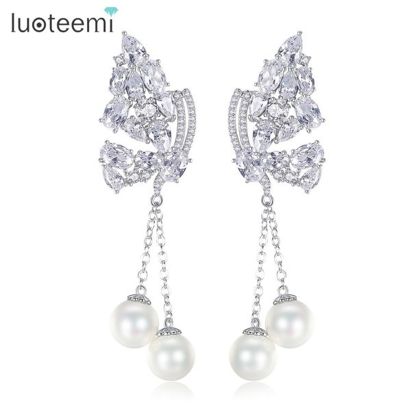 

luoteemi silver color fashion cz crystal butterfly with synthetic pearl long dangle drop earrings for women wedding jewellry