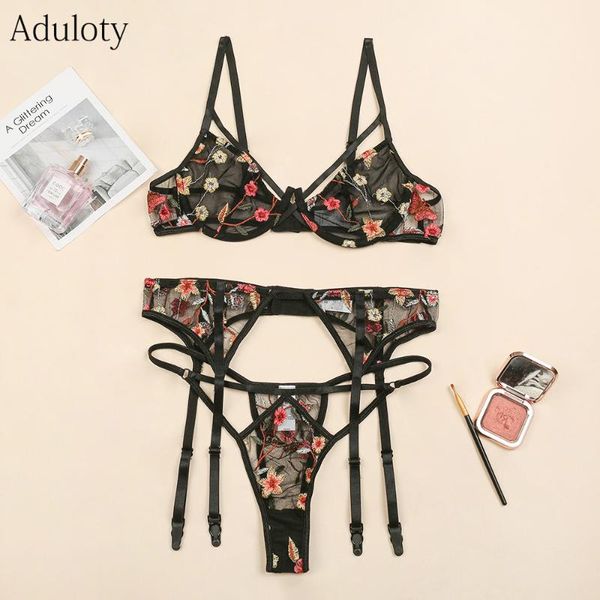 

bras sets aduloty women lace mesh bra set flower embroidery light thin garter underwear female lingerie floral, Red;black
