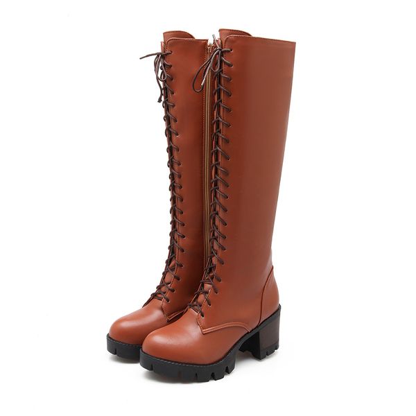 

2019 new large size 43 lace up knee high boots women autumn soft leather fashion white square heel woman shoes winter sale, Black