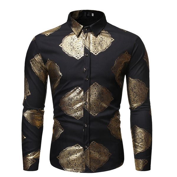 

fashion court floral print shirt men 2019 brand nightclub social shirt mens slim fit long sleeve dress shirts party prom costume, White;black