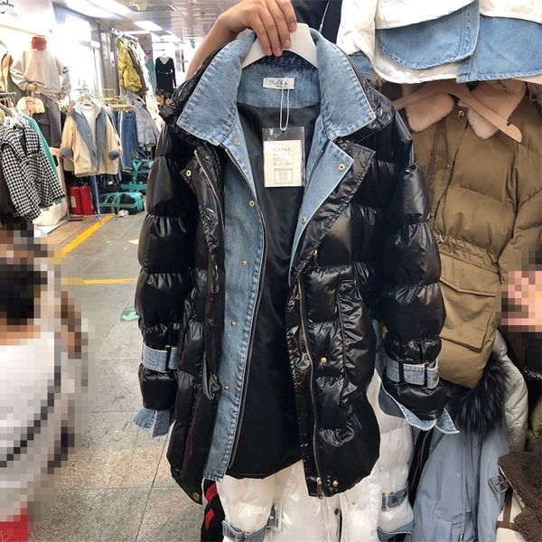 

2019 winter new korean style warm parkas coat women stitching denim wild casual ladies parkas coat fashion clothing y143, Black