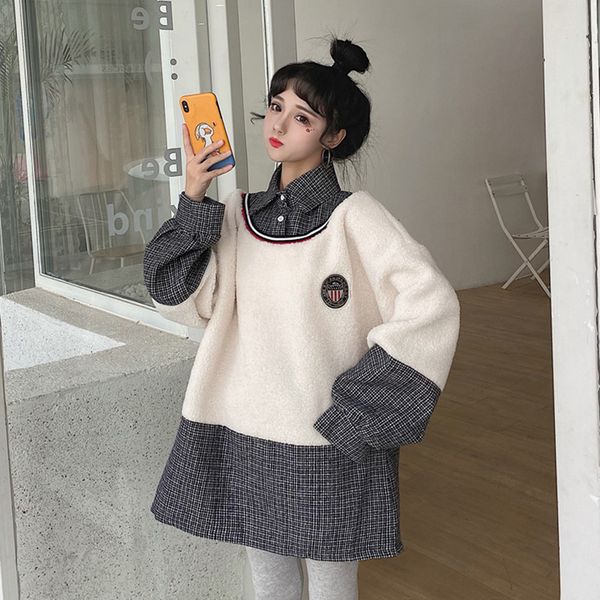 

hoodies & sweatshirts turn-down collar button patchwork preppy style autumn winter new korean women's clothing ladies, Black