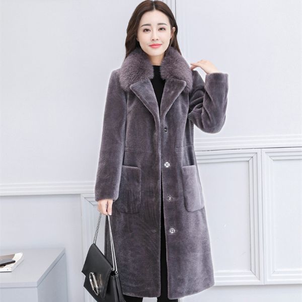 

hanzangl women's fur coats faux fur coat new winter sheep sheared coat collar jacket ladies warm long parka outwear, Black