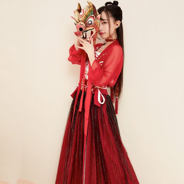 

red hanfu for women chinese national dance costume traditional performance clothing oriental stage wear festival outfit dc1830, Black;red
