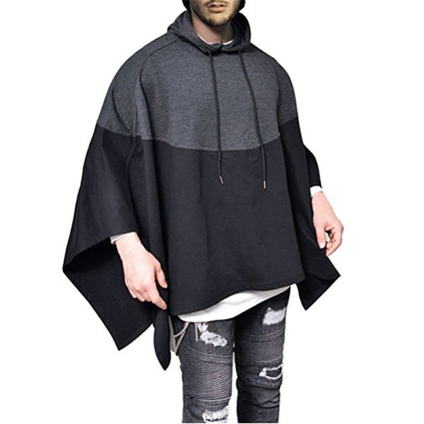 

casual party hoodie mens hip hop stitching splice sweatshirts pullover irregular hem poncho cape cloak male hooded streetwear, Black