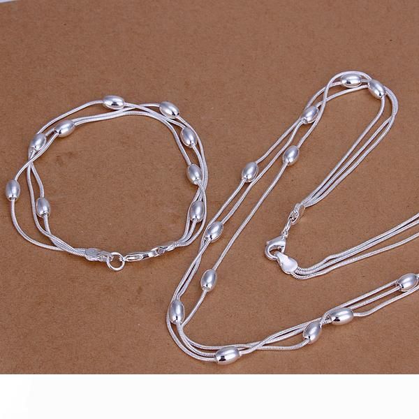 

high grade 925 sterling silver three line light bead bracelet necklace jewelry set dfmss140 brand new factory direct 925 silver