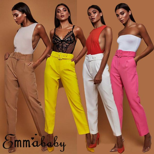 

elegant women high waist career pants ladies long loose casual trousers with belt fashion elastic drawstring trousers, Black;white