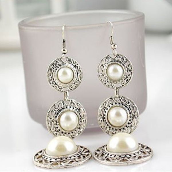 

e0389 vintage pearl drop earring for women ancient sliver color long pendant dangle earring statement ear jewelry exquisite gift, Silver