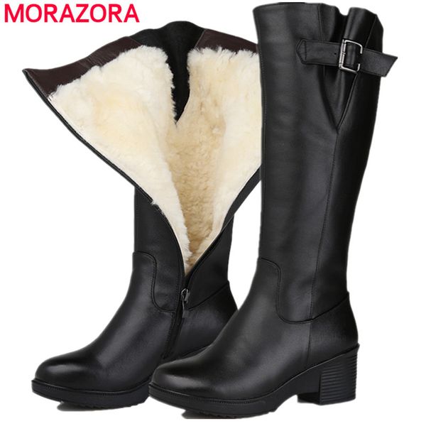 

morazora size 35-43 2019 new genuine leather boots women high heels winter boots female natural wool keep warm snow women, Black