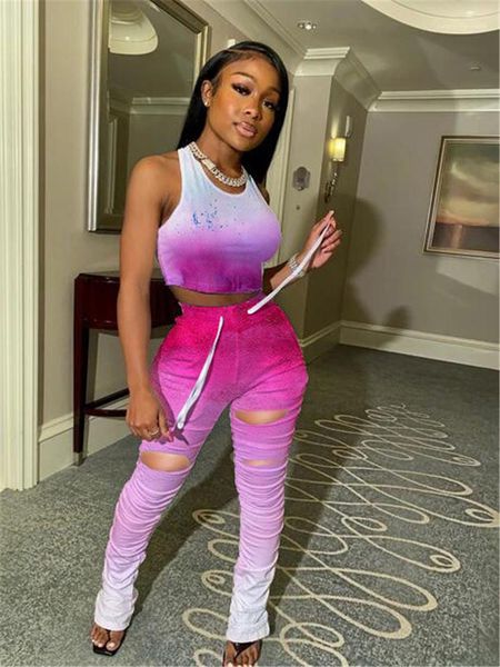 

two piece sets womens slim ruched two piece outfits gradient color two piece pants fashion ripped crop tanks, White