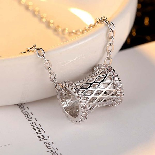 

creative hollow cylinder shaped pendant necklace women fashion round cubic zircon necklace wholesale, Silver