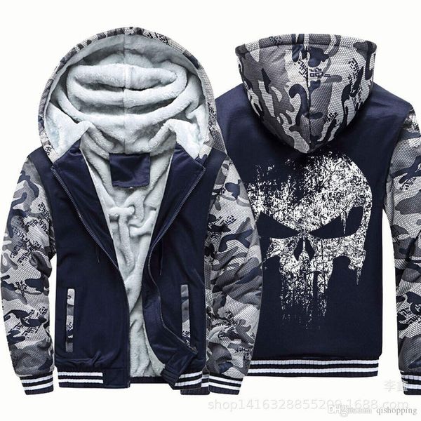 

the punisher hoodie camouflage coat cardigan coat winter thicken fleece cotton coat cashmere hoodie zipper jacket warm us eu size, Blue;black