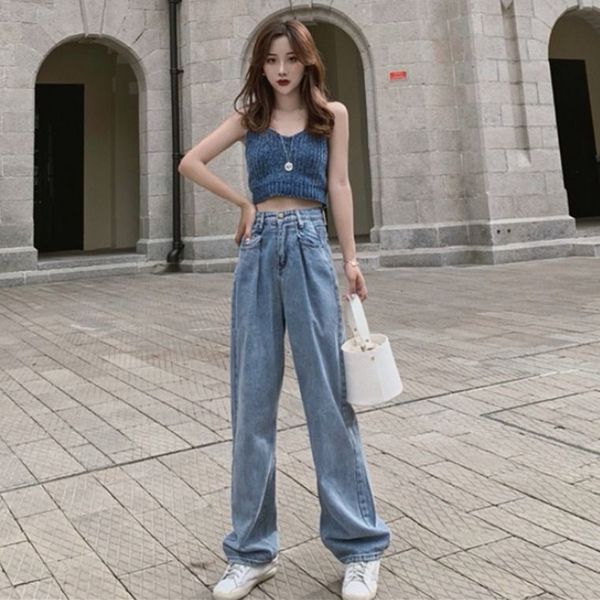 

women wide leg jeans high waist loose demin pants flares summer trousers, Blue