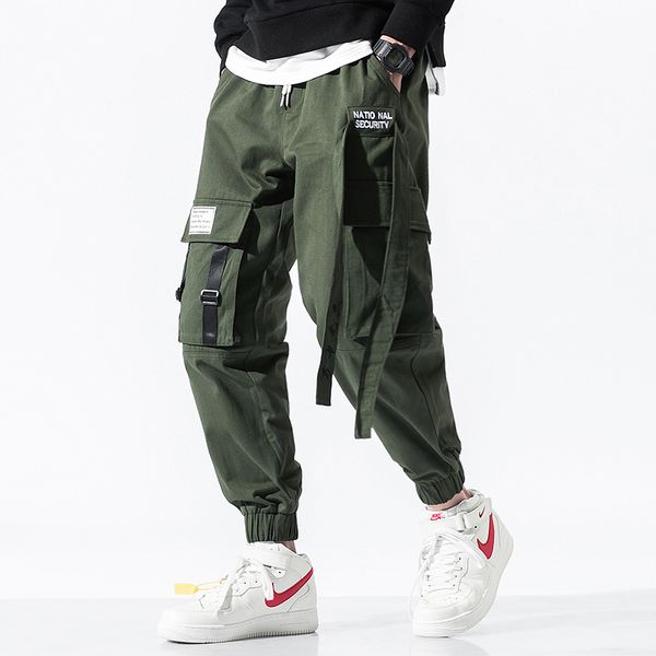 

2019 harajuku cargo pants men cotton hip hop streetwear pants male letter printed autumn winter ribbons trousers overalls, Black