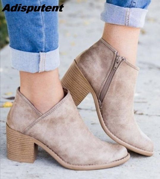 

2020 women shoes suede mid heel ankle boots fashion chic summer female block mid heels casual botas mujer booties feminina, Black