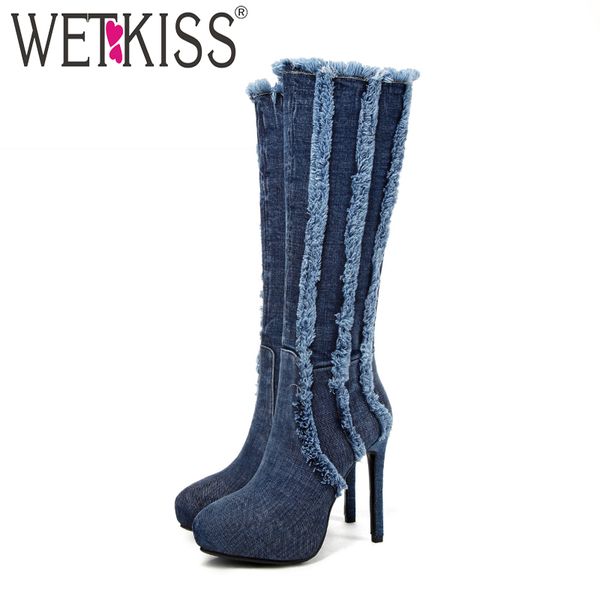 

wetkiss high heels stretch women boots round toe rubber footwear platform female boot knee high shoes women 2018 plus size 33-43, Black