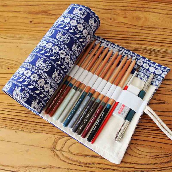 

embroidery canvas pencil bag penalties 36/48/72 holes pencil case box roll pen wrap stationery pouch school supplies gift