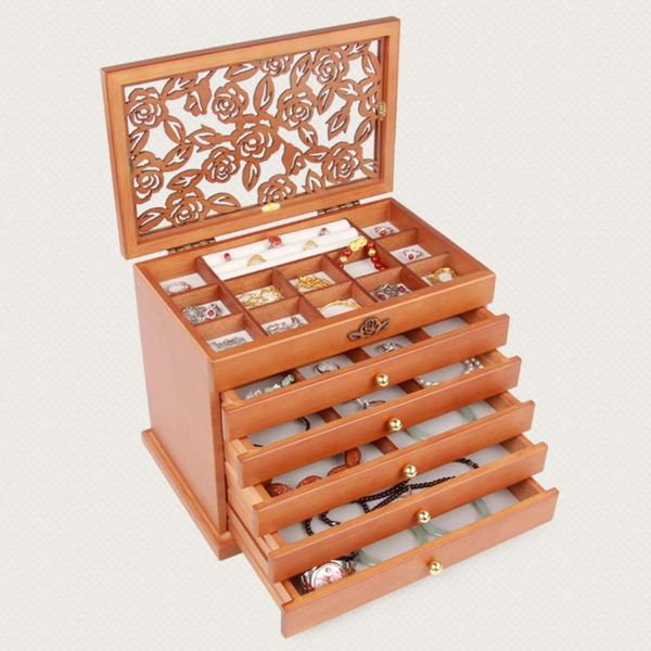 

2 colors multi-layer big 6 floors wooden jewelry box jewelry display casket earrings ring boxes organizer gift box, Pink;blue