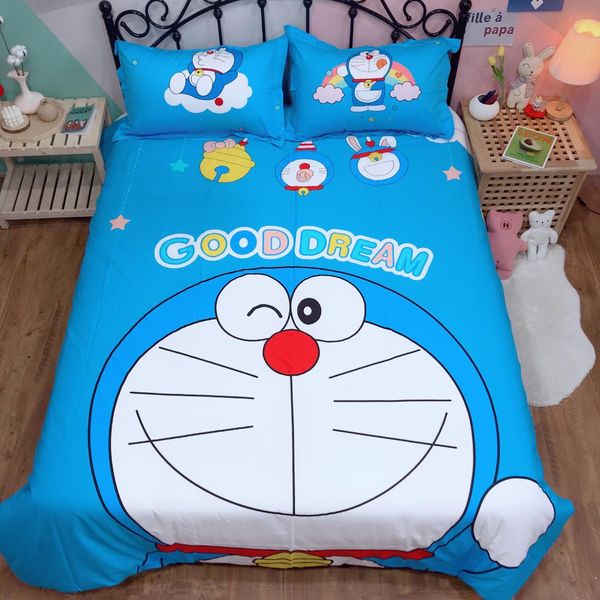 

cartoon bedding set doraemon kids bedroom pure cotton quilt cover twin  king cute duvet cover bed sheet blue bedclothes