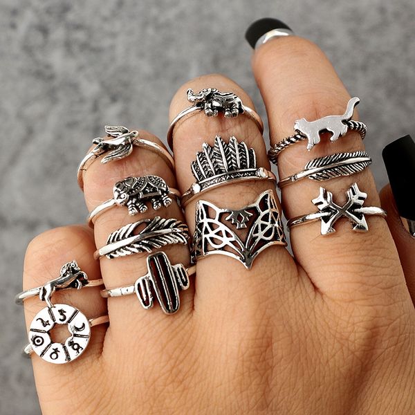Acheter Wlp Set Cactus Elephant Fox Anneaux Set Bohême Creux Oiseau Lion Forme Sculpté Midi Bagues Définir La Mode Nouvelle Bague Pour Femme De