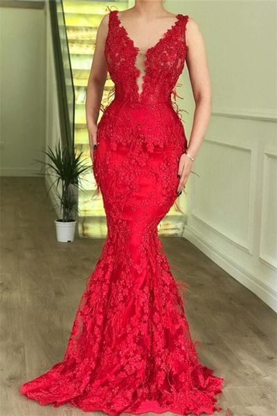 

2020 sleeveless mermaid prom dress lace appliques party dresses red v-neck evening dresses formal dresses robe de soiree, Black;red