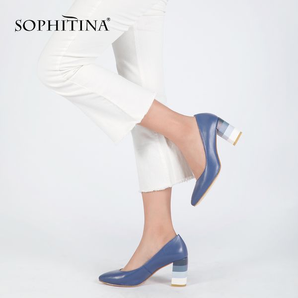 

sophitina genuine leather woman pumps colorful square heels sheepskin pointed toe shoes party office lady d24, Black