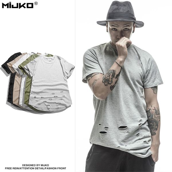 

Extended Tee Shirts Hip Hop Fashion Hole Streetwear Kanye West Short Sleeve Long T Shirts Cool Swag Clothes Hip Hop T Shirts