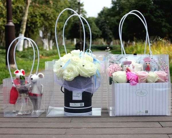 

new arrival square portable gift bags with handles transparent plastic flower containing bags packaging shopping sn