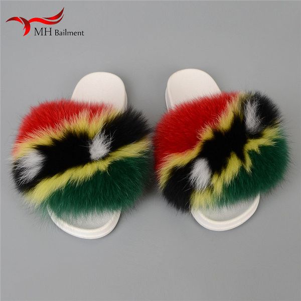 

women real fur slides plush flat shoes fur flip flops 2020 shoes white sole home sandals size 36-45, Black